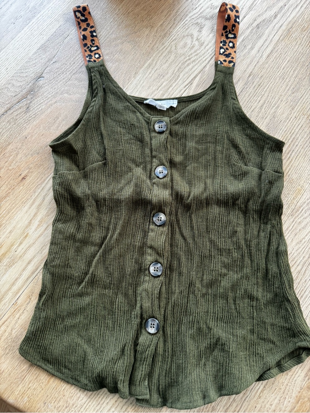 mine Olive Green Ribbed Button-Front Cami with Leopard Straps